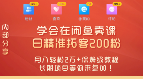 “零基础开启赚钱新时代！学会在闲鱼卖课、日精准拓客200粉，月入轻松2万+保姆级教程长期项目等你来参加！”